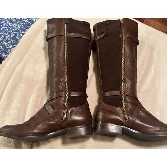 Cole Haan Grand OS Brown Leather Riding Boots tall buckle stretch Dorian 8B zip - Picture 4 of 10